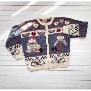 vtg Woolrich Raggedy‎ Ann rag doll hand knit cardigan sweater L